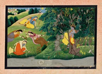 Krishna spielt Flöte für die Milchmädchen